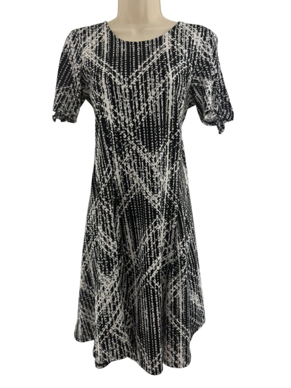 Studio Works Black White Print Dress‎ Short Cutout Tie Sleeves Summer Stretch